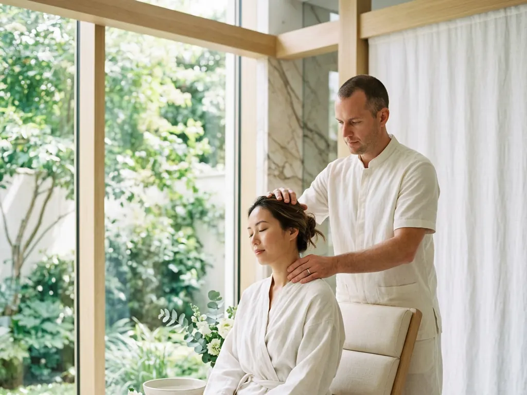 Therapist standing behind a seated guest, fingers pressing points at the base of the skull and along the neck
