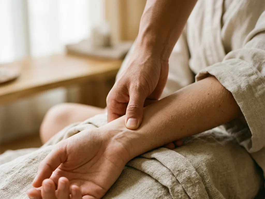 Close-up of a therapist's thumb holding a pressure point on the inside of a guest's wrist
