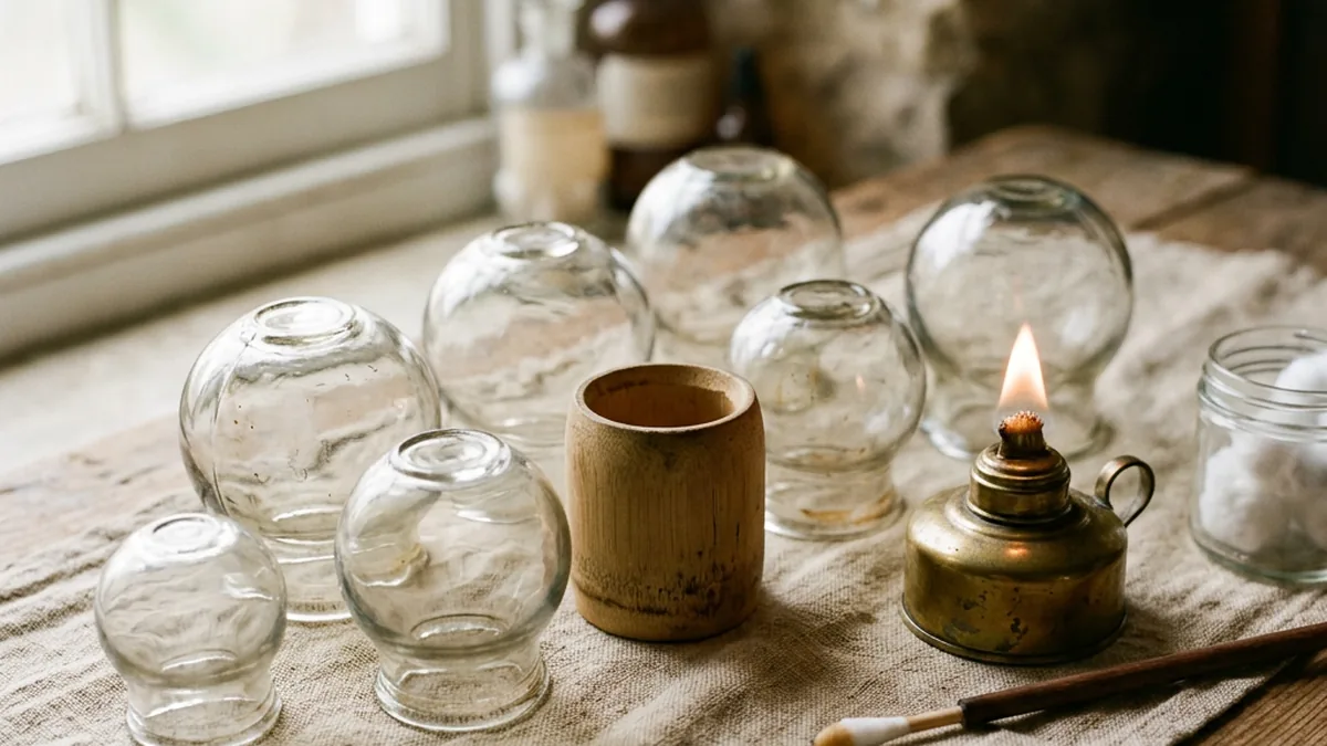 Traditional glass fire cupping set with cups and flame lamp at Healing Shiatsu on Balboa St, San Francisco 94121