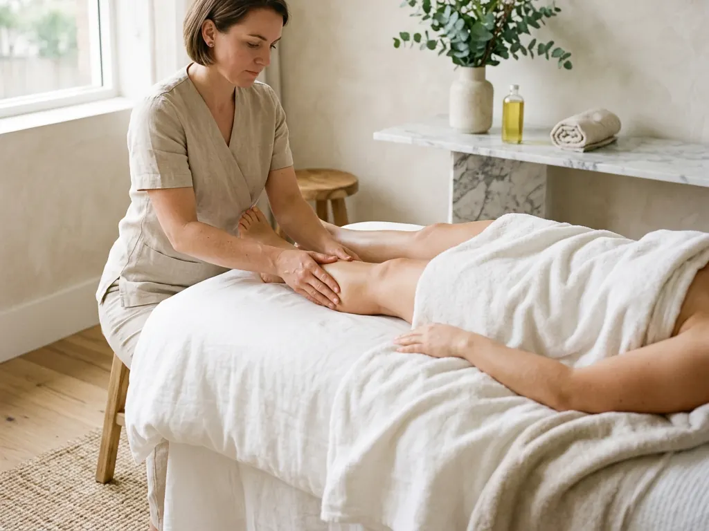 Therapist working a guest's calf and lower leg on a massage table beside a sunlit window