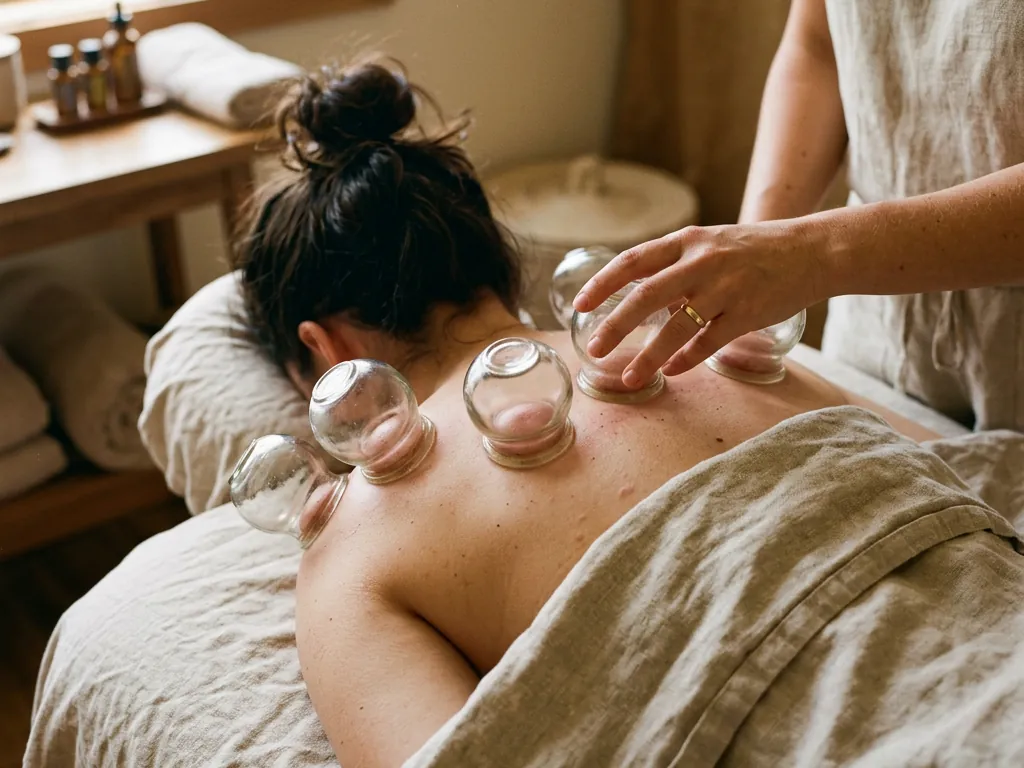 Glass cups placed on a client’s upper back during a cupping session