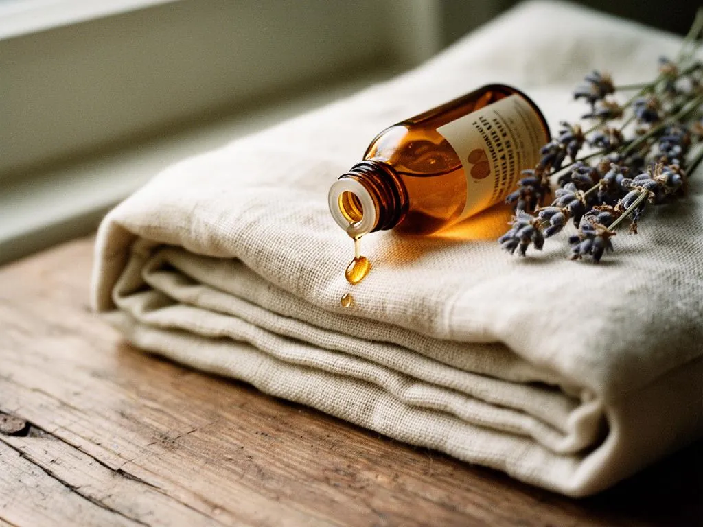 Massage oil and folded towels beside lavender in soft window light