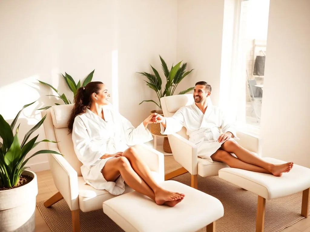 Two people in white robes relaxing together in sunlit lounge chairs